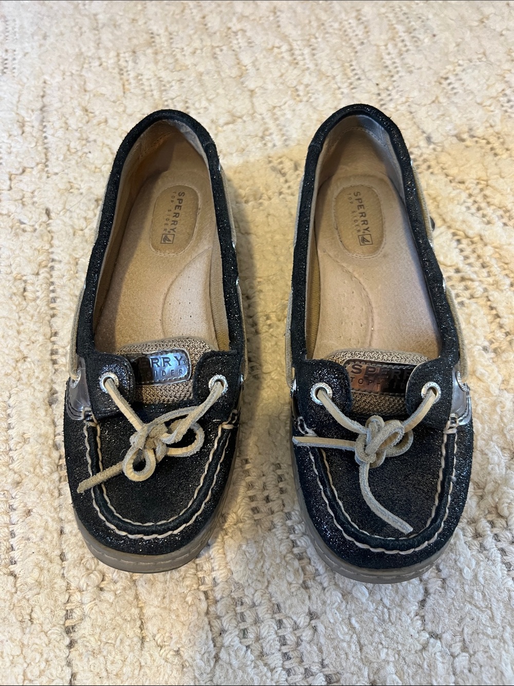 Sperry Black Sparkly Leather Lace-Up Boat Shoes